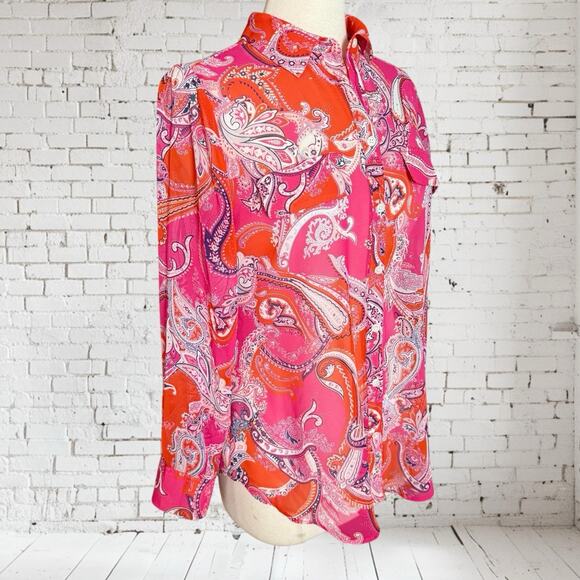 Chico’s Shirt Coral Paisley Button Up Blouse Sz 8 Opaque Bohemian Preppy Pockets - Picture 2 of 8